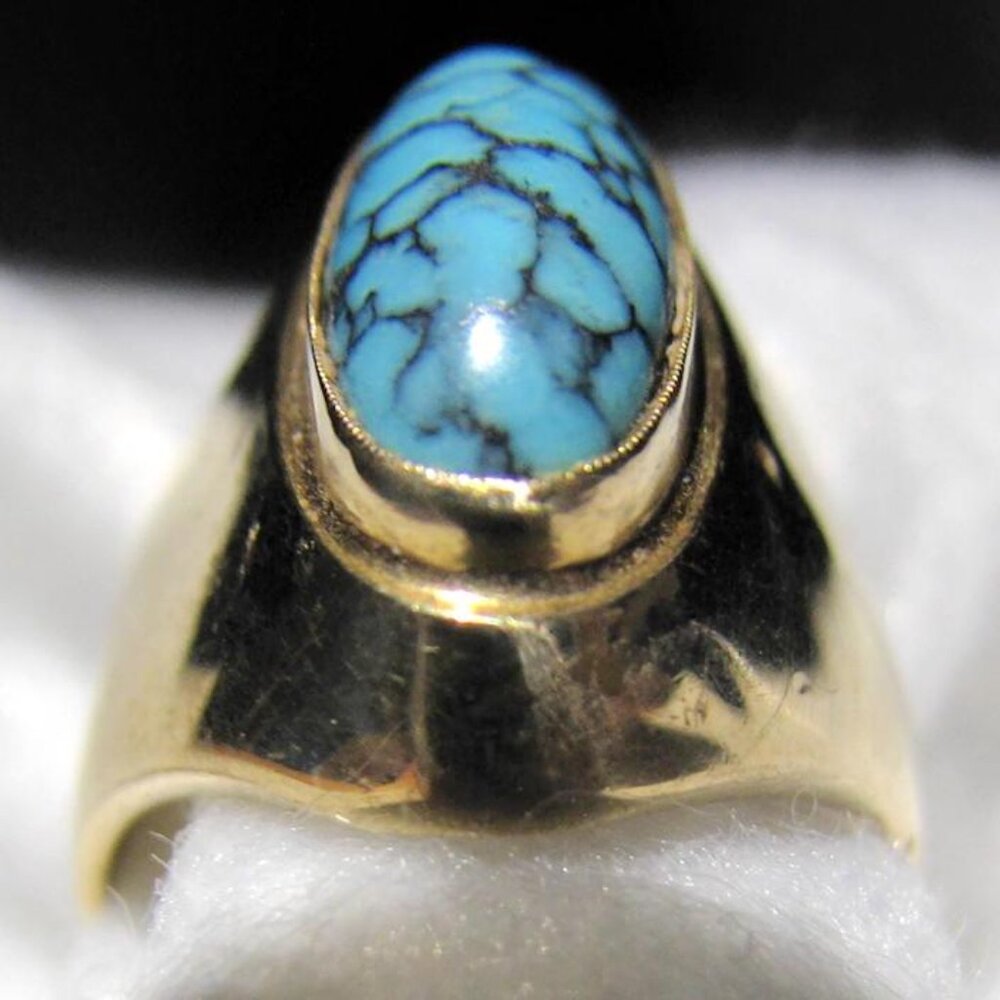 Vintage 14k Yellow SOLID Gold and Persian Turquoise Ring -- Size 7, Heavy 9.1g - Picture 4 of 7